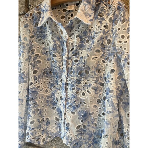 Caroline Costas Eylet White and Blue floral top Sz S - Picture 2 of 11